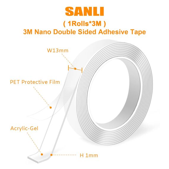 SANLI TAPE Doppelseitiges Klebeband Extra Stark Transparent Nano Tape AblöSbar Spurloses Klebestreifen Wiederverwendbares Double Sided Tape FüR Teppich, Foto Wand, KüChe, Zuhause, Auto