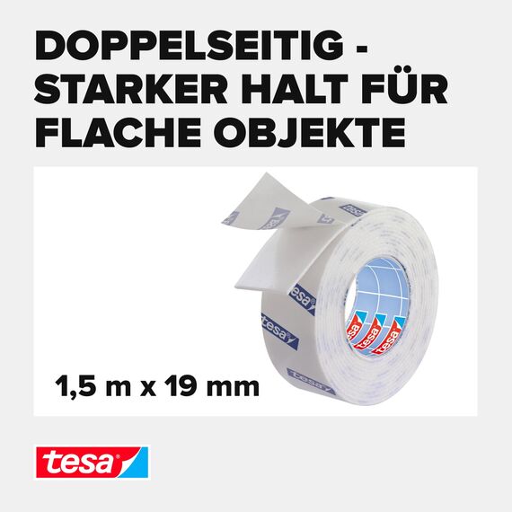 tesa Powerbond Montageband für Fliesen & Metall, feuchtraumbeständig, mit bis zu 10 kg Haltekraft pro Meter - doppelseitiges Montageklebeband für glatte Oberflächen - 1,5 m x 19 mm
