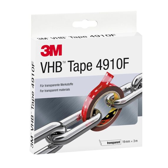 3M VHB 4910F Montage Klebeband doppelseitig - transparent, ermöglicht das Fügen transparenter Materialien mit praktisch unsichtbarer Klebstoffschicht - 19mm x 3m, Transparent, 1.0mm (1-er Pack)