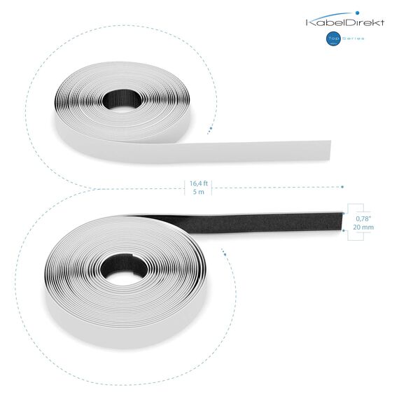 KabelDirekt – Klebe Klettband extra stark, selbstklebend – 5m Rollen, 20mm breit – zuschneidbare Klett-Rolle/Klettband zum Kleben, beidseitig (Klettverschluss/Hakenband & Flauschband zum Aufkleben)