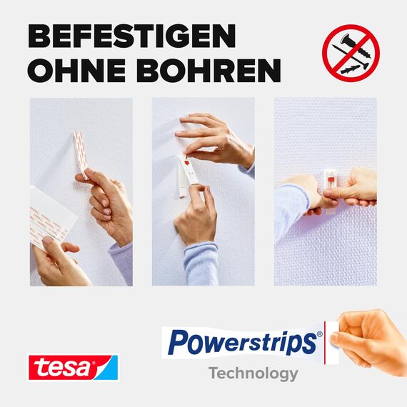 tesa Powerstrips Small im 3er Pack - Doppelseitige Klebestreifen zur Montage von Gegenständen auf glatten Oberflächen - Bis zu 1 kg Halteleistung - insgesamt 42 Powerstrips