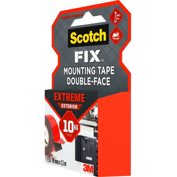 Scotch-Fix Extreme Doppelseitiges Montageband für den Außenbereich – 1 Rolle (19 mm x 1,5 m) – Extra stark, wetterfest & temperaturbeständig – Hält bis zu 10 kg – Kein Bohren nötig