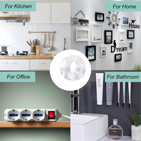 Drenky Doppelseitiges Klebeband Extra Stark,Klebeband Doppelseitig Wasserdichtes Transparent Tape Wiederverwendbar 5m×3cm für Teppiche, Bilderrahmen und Kissen