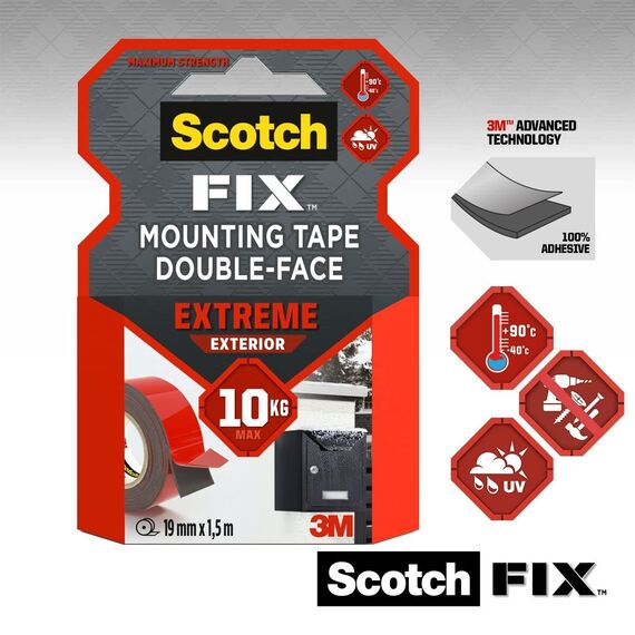 Scotch-Fix Extreme Doppelseitiges Montageband für den Außenbereich – 1 Rolle (19 mm x 1,5 m) – Extra stark, wetterfest & temperaturbeständig – Hält bis zu 10 kg – Kein Bohren nötig