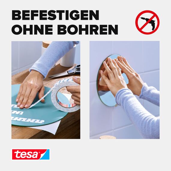 tesa Powerbond Montageband für Fliesen & Metall, feuchtraumbeständig, mit bis zu 10 kg Haltekraft pro Meter - doppelseitiges Montageklebeband für glatte Oberflächen - 1,5 m x 19 mm