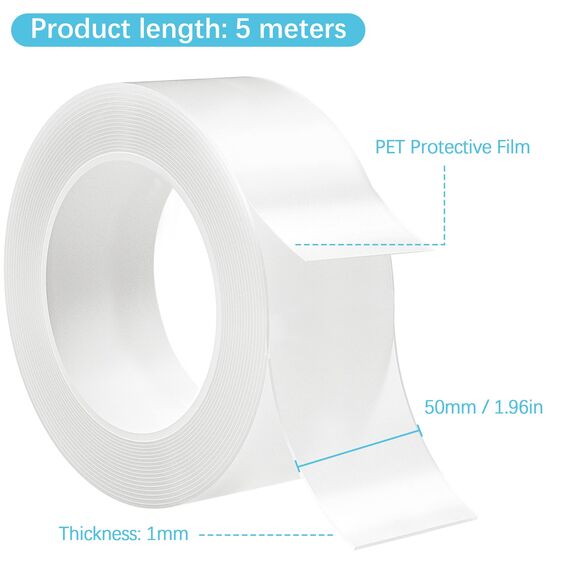 Taiyeestar 5m Doppelseitiges Klebeband Extra Stark Transparent (50mm breit), Ablösbar nicht markierend Doppelseitiges transparentes Nano tape, für Teppich/Foto Wand/Küche/Zuhause, 1mm Dicke
