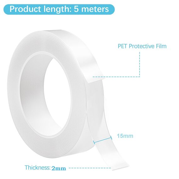 Taiyeestar 5m Doppelseitiges Klebeband Extra Stark Transparent, Ablösbar nicht markierend Doppelseitiges transparentes Nano tape, für Teppich/Foto Wand/Küche/Zuhause, 2mm Dicke, 15mm Breit