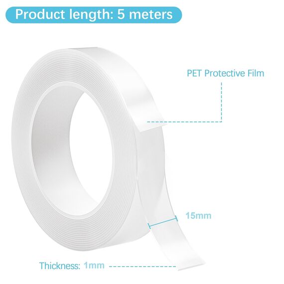 Taiyeestar 5m Doppelseitiges Klebeband Extra Stark Transparent, Ablösbar nicht markierend Doppelseitiges transparentes Nano tape, für Teppich/Foto Wand/Küche/Zuhause, 1mm Dicke, 15mm Breit