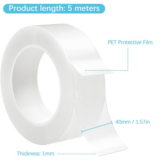 Taiyeestar 5m Doppelseitiges Klebeband Extra Stark Transparent (40mm breit), Ablösbar nicht markierend Doppelseitiges transparentes Nano tape, für Teppich/Foto Wand/Küche/Zuhause, 1mm Dicke