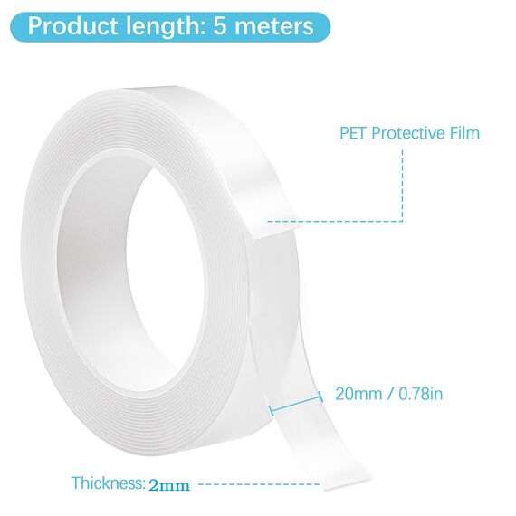 Taiyeestar 5m Doppelseitiges Klebeband Extra Stark Transparent - 2mm dick, Ablösbar nicht markierend Doppelseitiges transparentes Nano tape, für Teppich/Foto Wand/Küche/Zuhause, 20mm breit