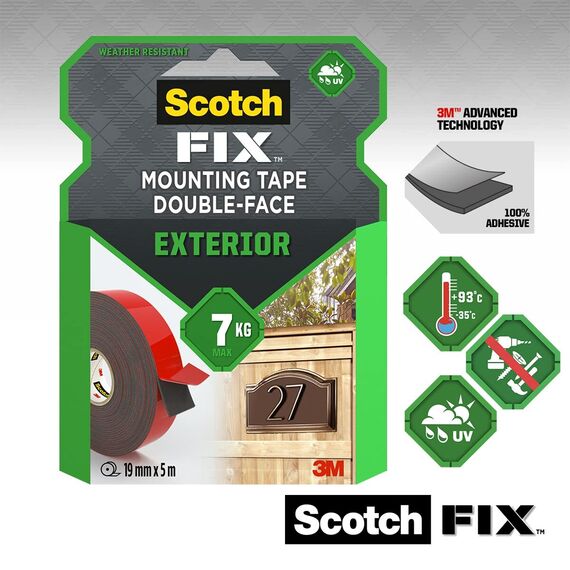 Scotch-Fix Doppelseitiges Montageband für Außenbereiche - 1 Rolle (19 mm x 5 m) - Hält bis zu 7 kg - Dauerhafte Klebekraft auf Metall, Holz, Acryl