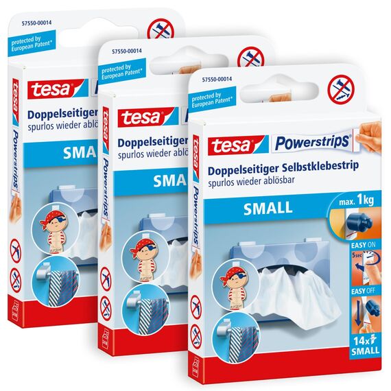 tesa Powerstrips Small im 3er Pack - Doppelseitige Klebestreifen zur Montage von Gegenständen auf glatten Oberflächen - Bis zu 1 kg Halteleistung - insgesamt 42 Powerstrips
