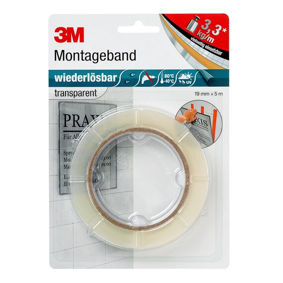 3M Wiederlösbares Montageband, doppelseitiges Klebeband für Innen- und Außenanwendungen, 19 mm x 5 m x 0,8 mm, transparent (1er Pack)