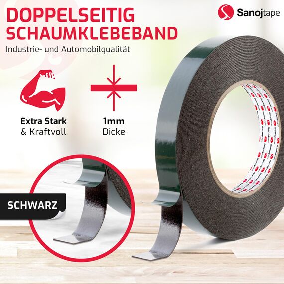 Sanojtape Doppelseitiges Klebeband Extra Stark Schwarz 19mm x 10m Universal Montageband 1mm Dicke Schaumstoff Karosseriekleber Tape Starker Kleber
