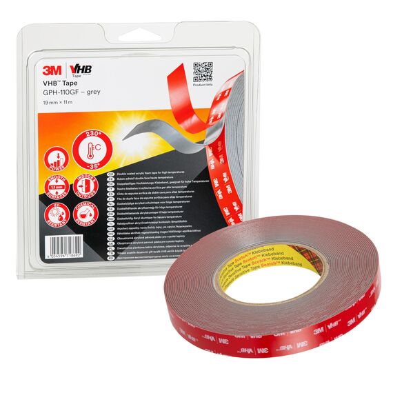 3M VHB GPH-110GF Montage Klebeband doppelseitig - hohe Temperaturbeständigkeit, Verbindung von Aluminium, Edelstahl, verzinktem Stahl, Polycarbonat, ABS - 19mm x 11m, Grau, Dicke: 1.1mm (1-er Pack)