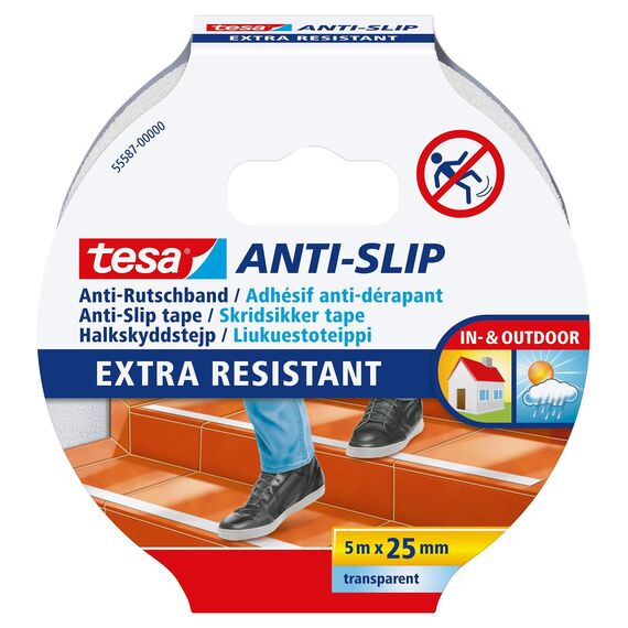 tesa Anti-Rutschband - Rutschfestes Klebeband für innen und außen - Für Treppen, Leitern und glatte Böden - Transparent - 5 m x 25 mm