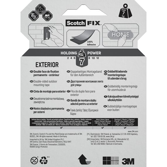 Scotch-Fix Doppelseitiges Montageband für Außenbereiche - 1 Rolle (19 mm x 5 m) - Hält bis zu 7 kg - Dauerhafte Klebekraft auf Metall, Holz, Acryl