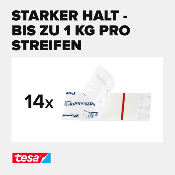 tesa Powerstrips Small - Doppelseitige Klebestreifen zur Montage von Gegenständen auf glatten Oberflächen - Bis zu 1 kg Halteleistung - 14er Pack Powerstrips