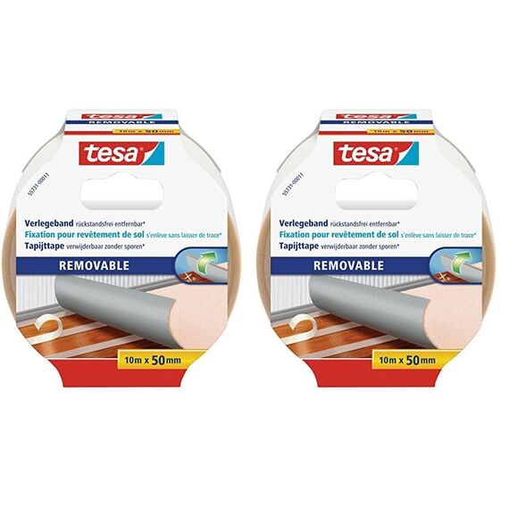 tesa Verlegeband rückstandsfrei entfernbar - Gewebeverstärktes, doppelseitiges Klebeband zum Verkleben von Teppich- und PVC-Bodenbelägen - 10 m x 50 mm (Packung mit 2)