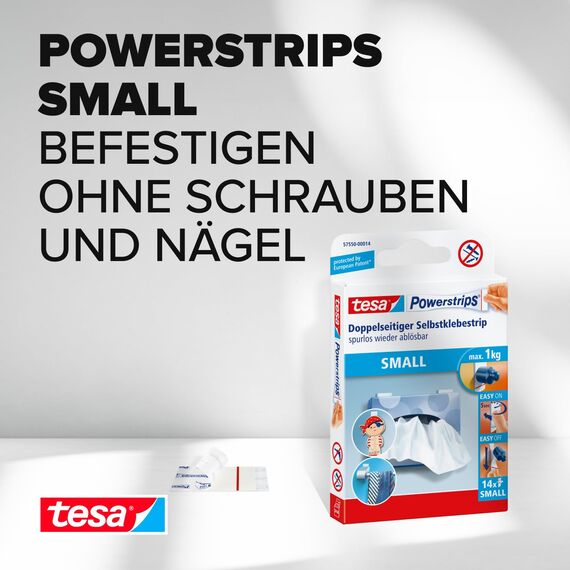 tesa Powerstrips Small - Doppelseitige Klebestreifen zur Montage von Gegenständen auf glatten Oberflächen - Bis zu 1 kg Halteleistung - 14er Pack Powerstrips
