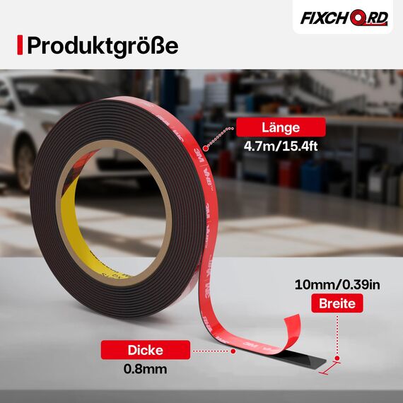 FIXCHORD Doppelseitiges Klebeband Extra Stark, VHB Klebeband, Schaumstoffband, Wasserfestes Montageklebeband für Auto, LED-Lichtband, Heim - und Bürodekoration, Schwarz (15.4FT×0.39IN)