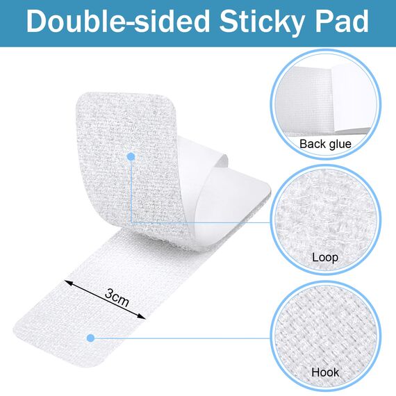 Klettband Selbstklebend Extra Stark, 20 Stück 30 x 100mm Weiß Klettverschluss und Rund Klettband Doppelseitig für Boden,Gläser, Plastik, Metalle, Klettstreifen für DIY-Projekte, Bürobedarf