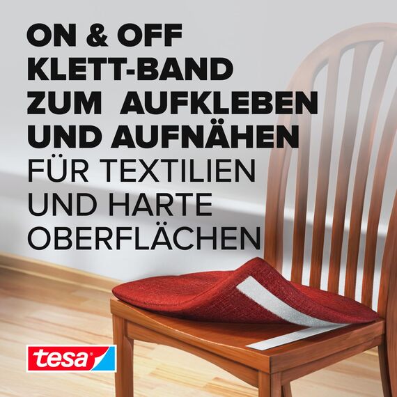 tesa On & Off Klettband zum Aufkleben und Aufnähen UNIVERSAL - zur Befestigung von Textilien auf harten Oberflächen - 20 mm x 100 cm, weiß