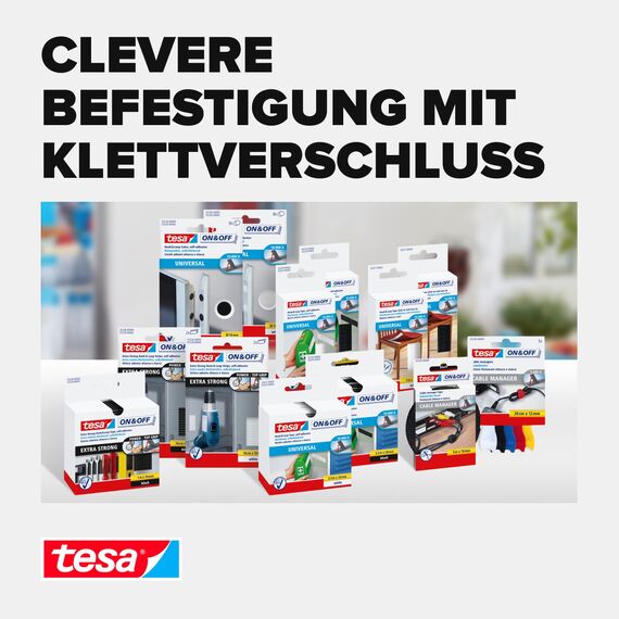 tesa On & Off Klettband zum Aufkleben und Aufnähen UNIVERSAL - zur Befestigung von Textilien auf harten Oberflächen - 20 mm x 100 cm, weiß