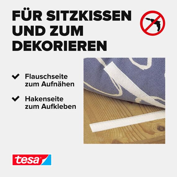 tesa On & Off Klettband zum Aufkleben und Aufnähen UNIVERSAL - zur Befestigung von Textilien auf harten Oberflächen - 20 mm x 100 cm, weiß