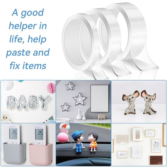 3 Rollen Extra Starkes Transparent Klebeband - Doppelseitig, Abwaschbar, Spurlos, Nano Beidseitiges Klebeband für Teppich, Foto, Auto, Küche, Büro