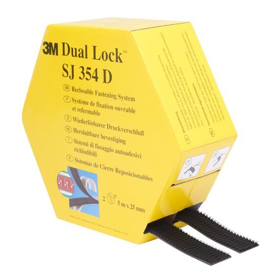 3M Dual Lock SJ354D, wiederlösbares Befestigungssystem - starke, wiederlösbare Verbindung von Kunststoffen (Polypropylen, Polyethylen), kritischen Lacken - 2 x 25mm x 5m, Dicke: 5.7mm (1-er Pack), 10 m x 25 mm