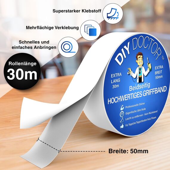 DIY Doctor XL Doppelseitiges Klebeband Extrastark, Robustes Teppichklebeband – Stark für Teppichboden & Harte Oberflächen, 30 m x 50 mm
