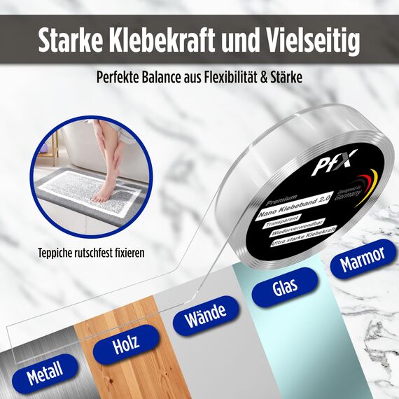 PfX Extrem Starkes Premium Nano Tape [5m] - Neue 2026 Version - Wiederverwendbares Transparentes Nano Klebeband - ACHTUNG EXTREM STARK -