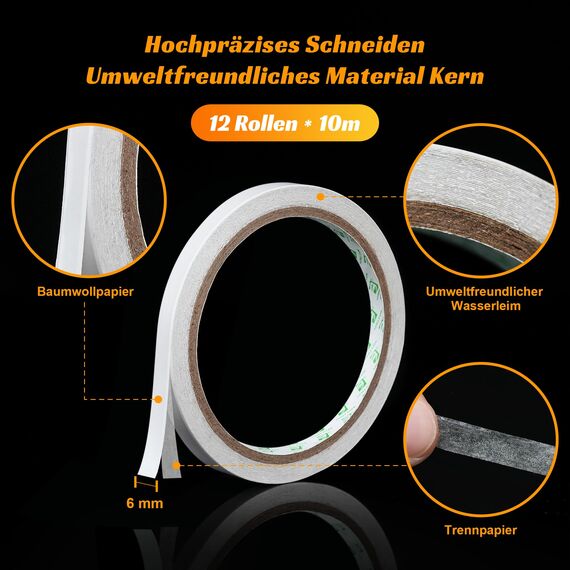 SANLI TAPE Doppelseitiges Klebeband Starke Klebeband Selbstklebeband Stark Papier für Geschenke, Fotos, Dokumente, Tapeten,Büro DIY Handwerk, Bänder, Karten und Boxen (6mm*10m)