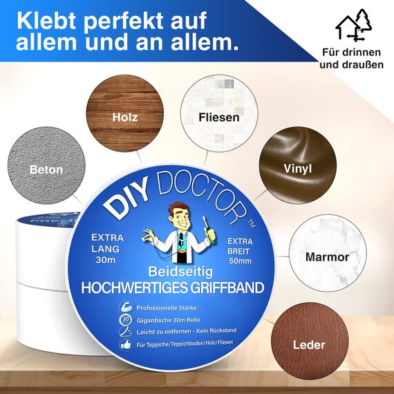 DIY Doctor XL Doppelseitiges Klebeband Extrastark, Robustes Teppichklebeband – Stark für Teppichboden & Harte Oberflächen, 30 m x 50 mm
