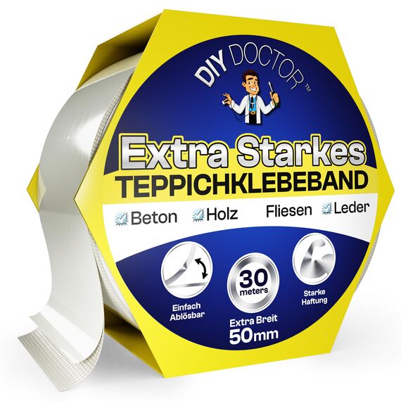 DIY Doctor XL Doppelseitiges Klebeband Extrastark, Robustes Teppichklebeband – Stark für Teppichboden & Harte Oberflächen, 30 m x 50 mm