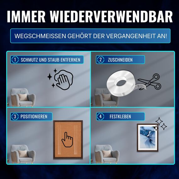 MEISTERWERK - Doppelseitiges Nano-Klebeband [EXTRA STARK] - Klebstofffrei & Spurlos dank Gecko-Effekt I Rutschfest - Waschbar & Wiederverwendbar