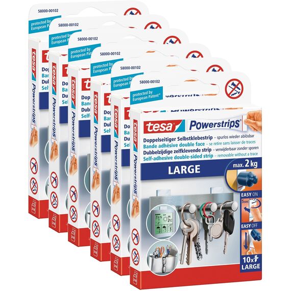6 Packungen tesa Powerstrips Strips LARGE für max. 2kg, 60 Strips