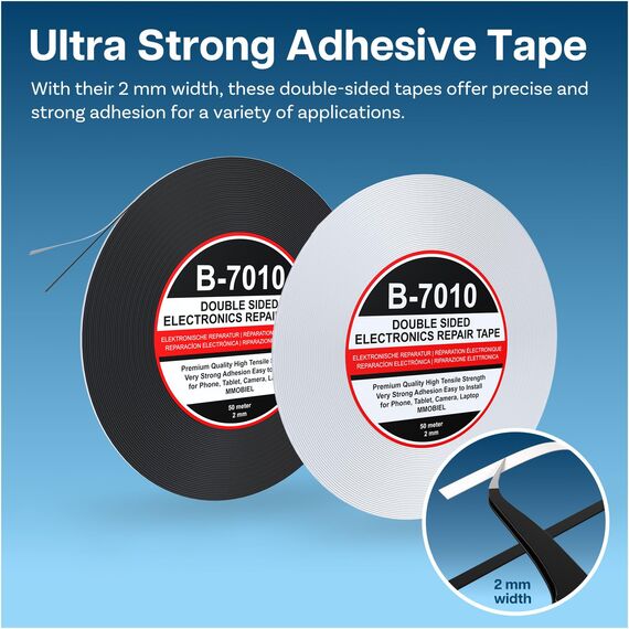 MMOBIEL 2x 2 mm doppelseitiges Klebeband stark klebend Tape 50 m Rolle (Schwarz/Weiss) für Smartphone Tablet Reparatur