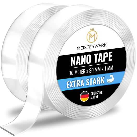 MEISTERWERK - Doppelseitiges Nano-Klebeband [EXTRA STARK] - Klebstofffrei & Spurlos dank Gecko-Effekt I Rutschfest - Waschbar & Wiederverwendbar