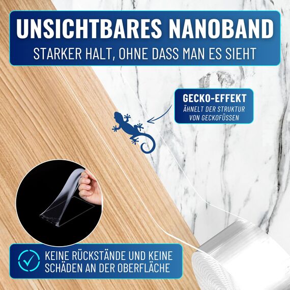 MEISTERWERK - Doppelseitiges Nano-Klebeband [EXTRA STARK] - Klebstofffrei & Spurlos dank Gecko-Effekt I Rutschfest - Waschbar & Wiederverwendbar
