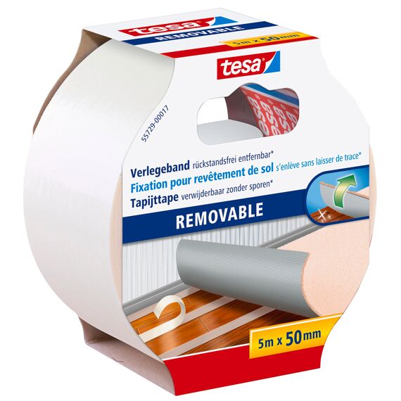 tesa Verlegeband rückstandsfrei entfernbar - Gewebeverstärktes, doppelseitiges Klebeband zum Verkleben von Teppich- und PVC-Bodenbelägen - 5 m x 50 mm