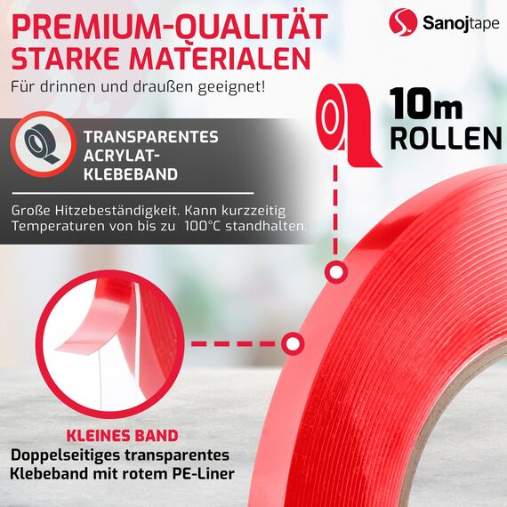 Sanojtape Doppelseitiges Klebeband Extra Stark Transparent 12mm x 10m Nano Double Sided Tape Klebeband Starkes Montageband Klar Auto LED Acryl Gel