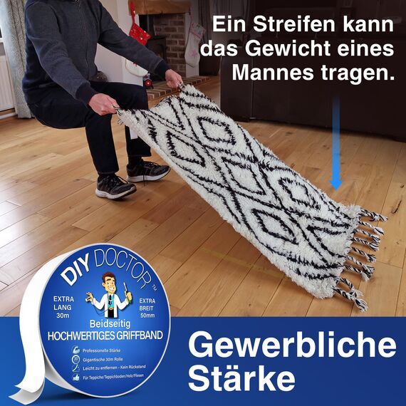 DIY Doctor XL Doppelseitiges Klebeband Extrastark, Robustes Teppichklebeband – Stark für Teppichboden & Harte Oberflächen, 30 m x 50 mm