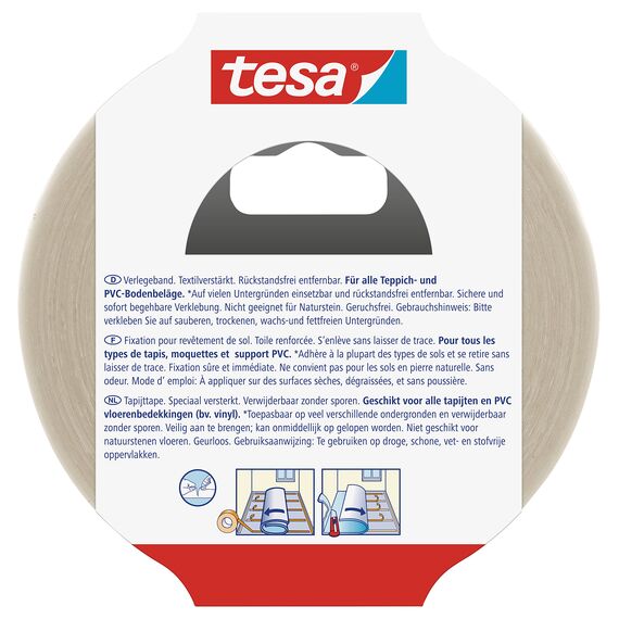 tesa Verlegeband rückstandsfrei entfernbar - Gewebeverstärktes, doppelseitiges Klebeband zum Verkleben von Teppich- und PVC-Bodenbelägen - 25 m x 50 mm