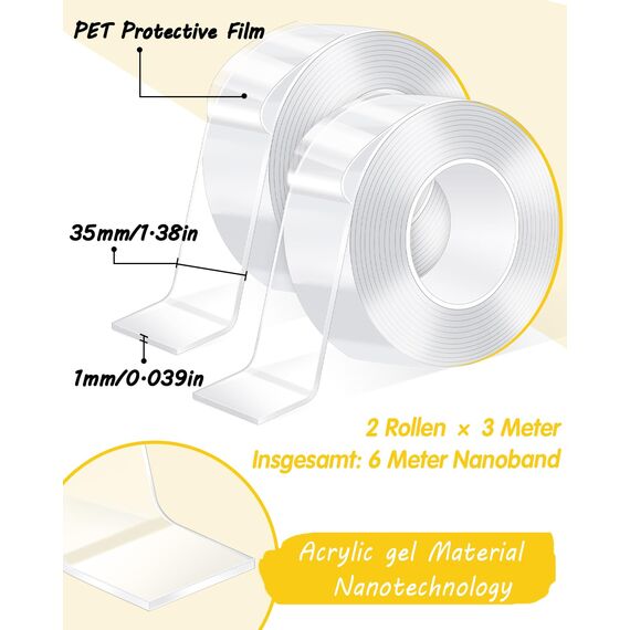 Caianwin 35mm Breites Doppelseitiges Klebeband, Extra Stark Double Sided Tape, Transparent Nano Tape Ablösbar Doppelseitig Klebeband für Teppich, Zuhause, Auto oder Outdoor(2 Rollen à 3 m, 6m Gesamt)