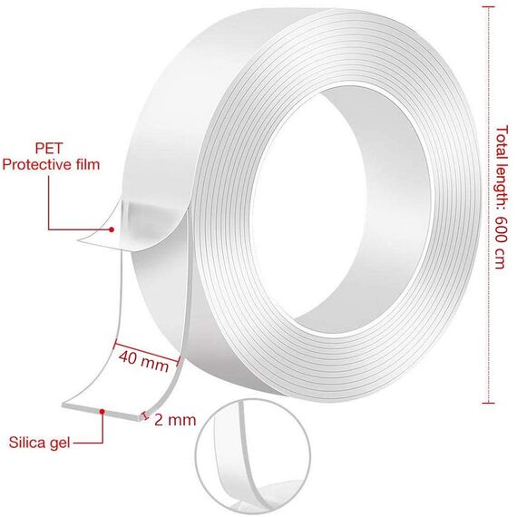 600 cm*40 mm Nano Klebeband, Doppelseitiges Klebeband Extra Stark Magisch Transparent Ablösbar Klebestreifen Spurloses Waschbares für Teppich
