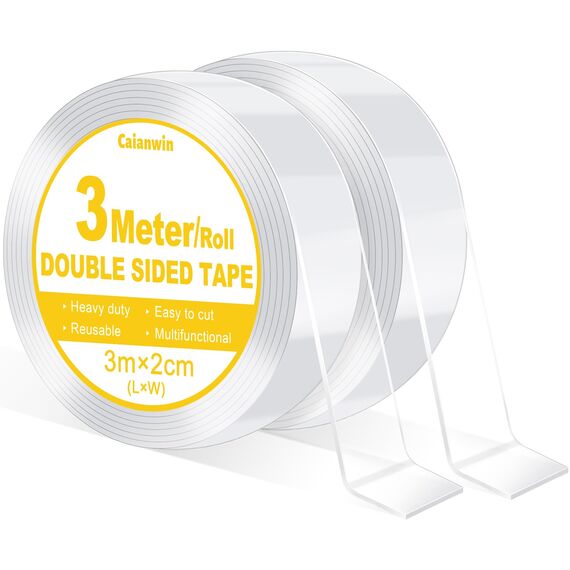 Caianwin 20mm Breites Doppelseitiges Klebeband, Extra Stark Double Sided Tape, Transparent Nano Tape Ablösbar Doppelseitig Klebeband für Teppich, Zuhause, Auto oder Outdoor(2 Rollen à 3 m, 6m Gesamt)