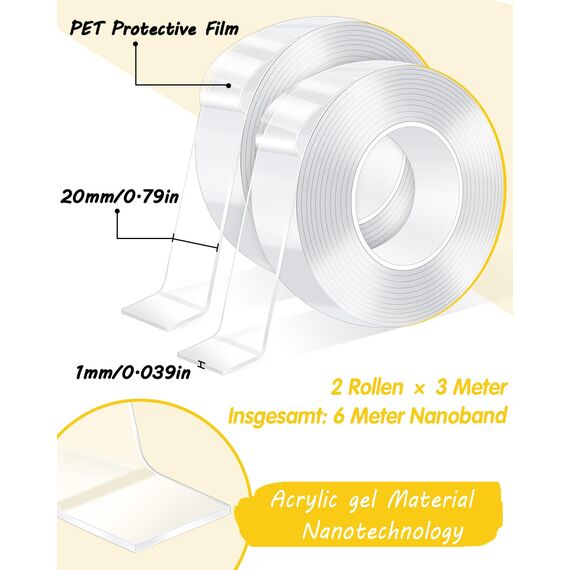 Caianwin 20mm Breites Doppelseitiges Klebeband, Extra Stark Double Sided Tape, Transparent Nano Tape Ablösbar Doppelseitig Klebeband für Teppich, Zuhause, Auto oder Outdoor(2 Rollen à 3 m, 6m Gesamt)