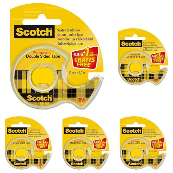 Scotch Double-Sided Tape, 1 Roll on Handheld Dispenser + 25% Extra FREE, 12 mm x 7.88 m - Clear Double Sided Sticky Tape, Strong, Long-Lasting, and Photo-Safe (Packung mit 5)